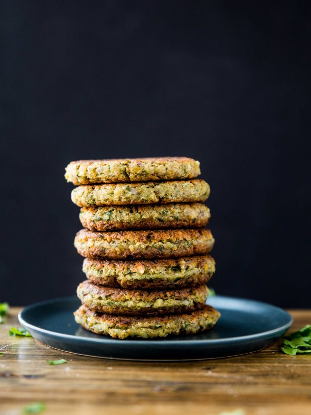 Easy vegan and gluten free falafel patties that are lightly pan-friend to golden brown, and drizzled with a quick tahini dill dressing.