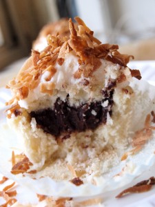 Coconut Cupcakes Filled with Chocolate Ganache