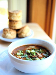 Spicy tortilla soup and cheddar biscuits