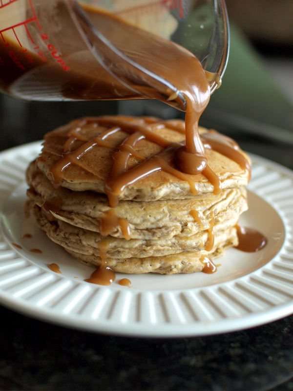 oatmeal pancakes with peanut butter syrup - Veggie and the Beast