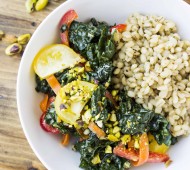 Colorful Kale and Barley Salad with Sweet Onion Lemon Dressing | Veggie and the Beast