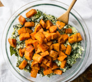 Shredded Brussels Sprout, Kale, and Sweet Potato Salad // @veggiebeastblog