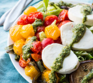 Roasted Eggplant and Burst Tomato Mozzarella Pesto Salad with Easy Dijon Vinaigrette // @veggiebeastblog