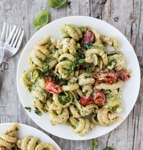 Pumpkin Seed Pesto Goat Cheese Pasta with Burst Tomatoes