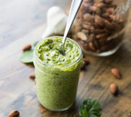 Almond Arugula Spinach Pesto - a simple springtime pesto that comes together quickly, and adds tons of flavor to sandwiches, salads, pizza, and more!